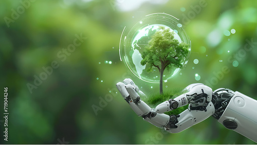 Robot hand holding a plant, Environmental technology.