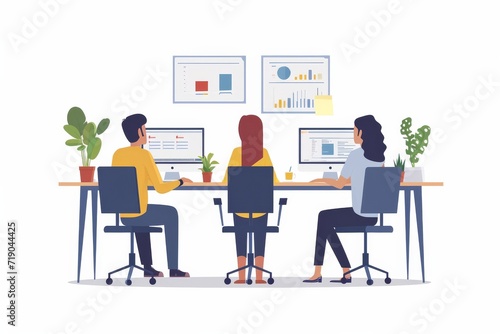 A diverse team collaborates at a sleek table adorned with modern technology, surrounded by minimalist furniture and a whiteboard full of vibrant illustrations, creating a dynamic atmosphere for creat