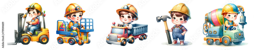 Obraz premium Watercolor cute children doing activities, playing sports, driving on a white background.