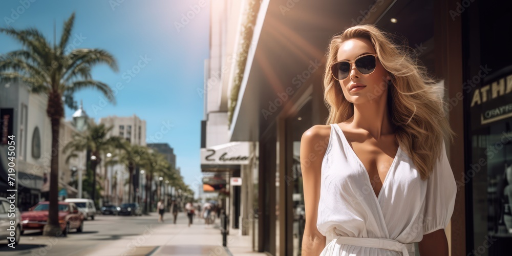 Woman, elegantly adorned in a dazzling and high-fashion ensemble from top luxury brands. She confidently strides through the upscale Beverly Hills district, showcasing an impeccable sense of style. Cr