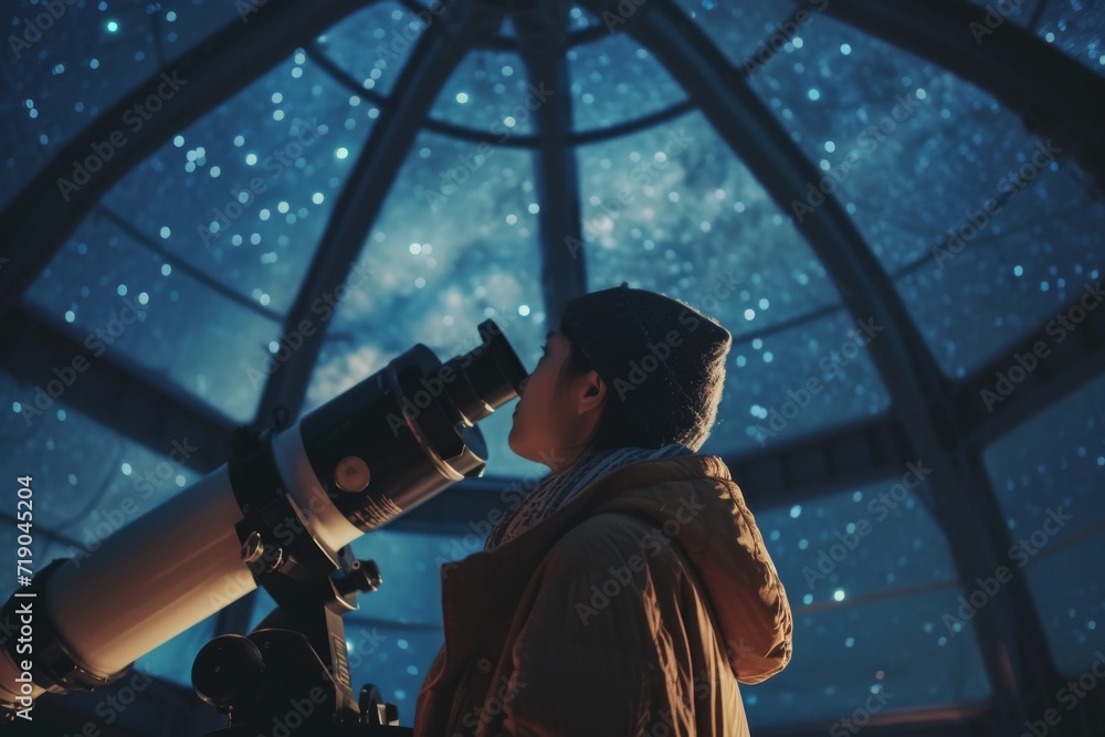 A scientist of any gender, possibly Asian descent, gazing through a large telescope in an observatory against a starry night sky