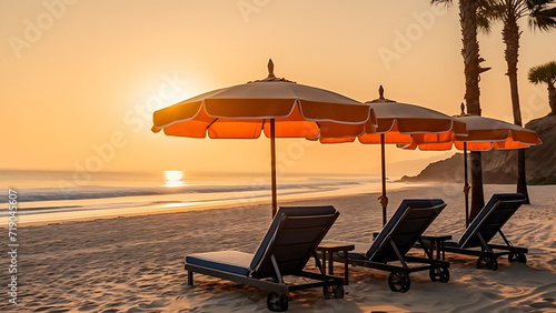 Lounge chairs with sun umbrellas on the beach.