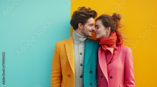minimalist vivid advertisment background with handsome couple and copy space
