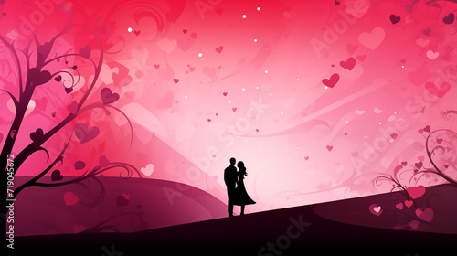 Illustration of a silhouette of a guy and a girl holding hands on a beautiful multi-colored background. AI generated  