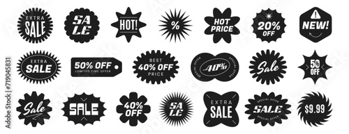 Vector set of black starburst sale sticker label. Promo star price tag or special offer badge different shapes. Sunburst promotion badges icon on white background. Flat design elements for shopping.