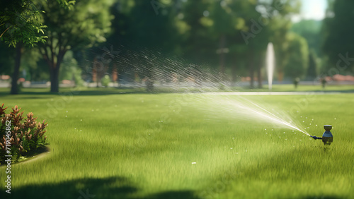 Automatic sprinkler system waters the grass.