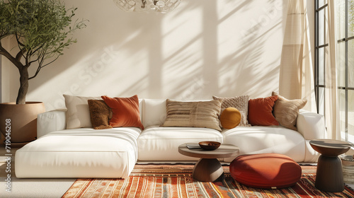 Sunlit space featuring a sectional sofa adorned with earthy-toned throw pillows. Embracing boho-chic elements, this modern home interior design creates a laid-back and cozy living room photo