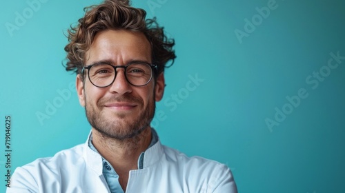 minimalist vivid advertisment background with handsome dentist and copy space