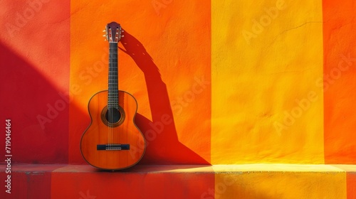 minimalist vivid advertisment background with handsome guitar musucian and co...