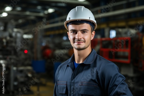 Portrait of Industry maintenance engineer man wearing uniform and safety hard hat on factory station. Industry, Engineer, construction concept © JAYDESIGNZ