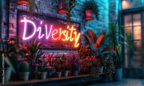 Rainbow neon sign on a brick wall with the word DIVERSITY in an office.