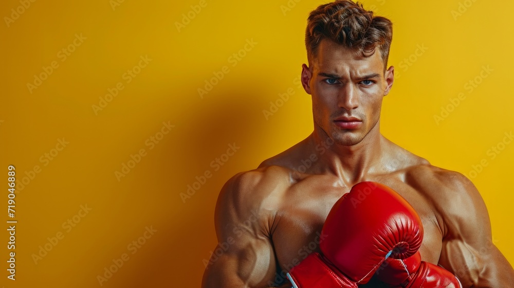 minimalist vivid advertisment background with handsome boxer and copy space