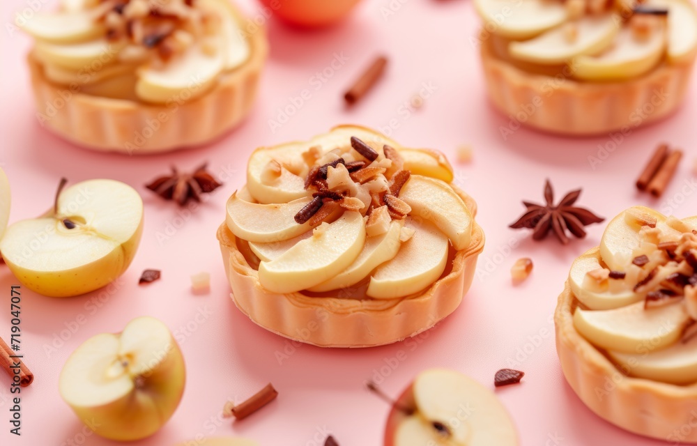 Delicious mini apple pie cupcakes topped with pastel colors background, fall festive dessert. Homemade delicious cupcakes on white ceramic plate. Copy space. Close-up view Delicious mini apple pie cupcakes topped with pastel colors background, fall festive dessert. Homemade delicious cupcakes on white ceramic plate. Copy space. Close-up view