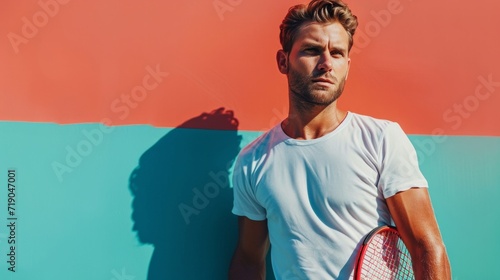 minimalist vivid advertisment background with handsome tennis player and copy...
