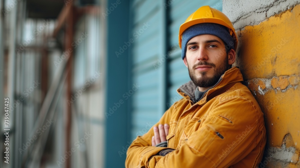 minimalist vivid advertisment background with handsome worker and copy space minimalist vivid advertisment background with handsome worker and copy space