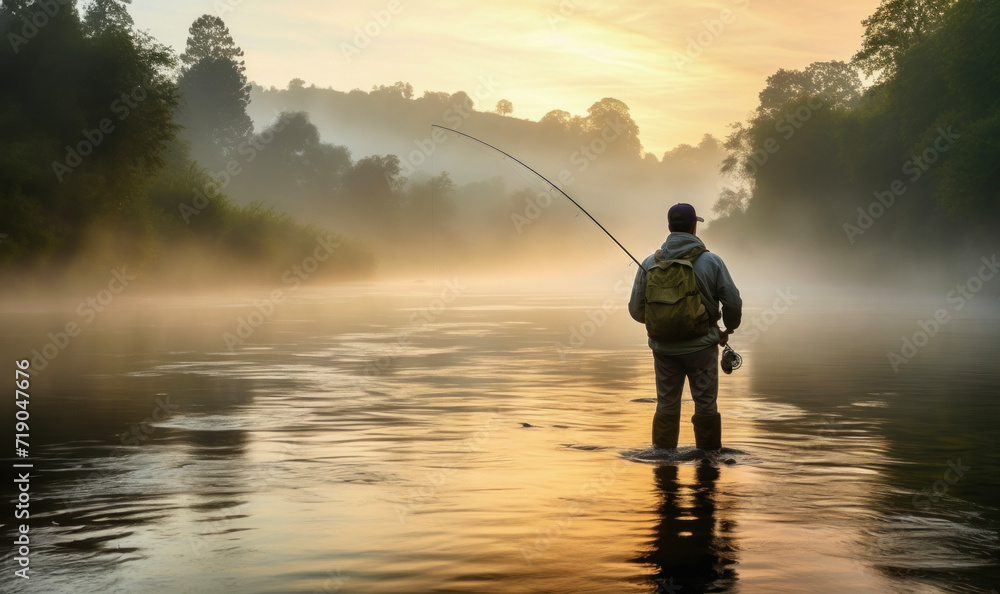 Serene dawn fishing, a lone angler in a misty river, golden sunrise illuminating the water.. Serene dawn fishing, a lone angler in a misty river, golden sunrise illuminating the water..