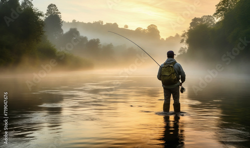 Serene dawn fishing, a lone angler in a misty river, golden sunrise illuminating the water..