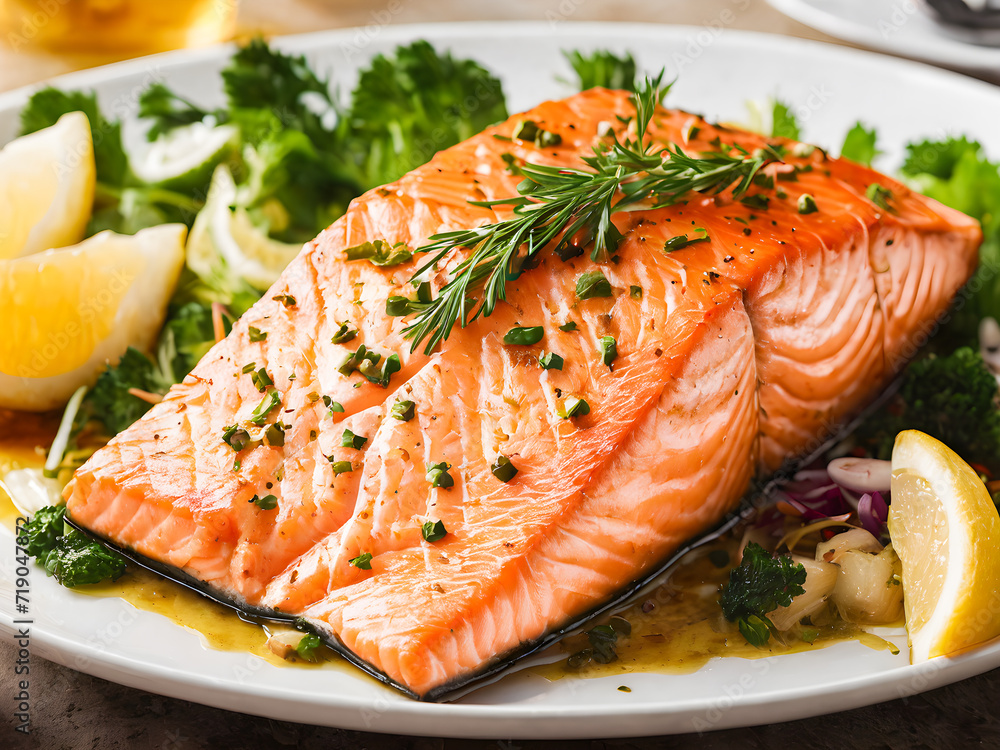 Salmon fillet with herbs and lemon on a white plate. Salmon fillet with herbs and lemon on a white plate.