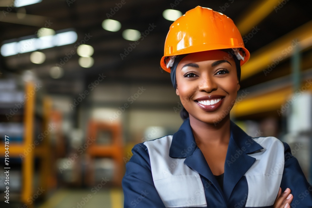 Portrait of female african american Industry maintenance engineer man wearing uniform and safety hard hat on factory station. Industry, Engineer, construction concept Portrait of female african american Industry maintenance engineer man wearing uniform and safety hard hat on factory station. Industry, Engineer, construction concept
