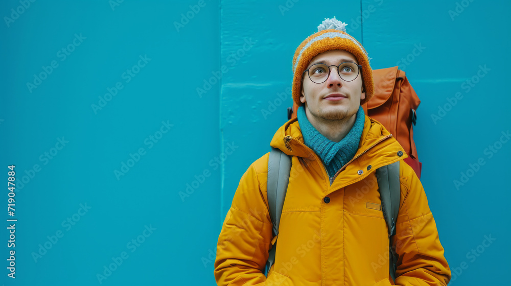 Fototapeta premium minimalist vivid advertisment background with handsome postman and copy space