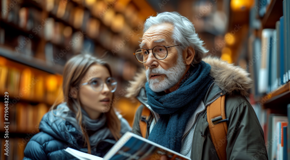 Inquisitive young student and mature man engaging over an open book in a library, AI generated Inquisitive young student and mature man engaging over an open book in a library, AI generated
