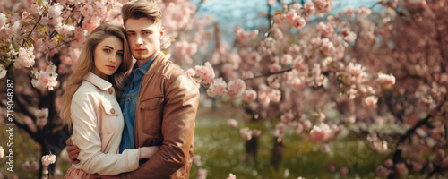A beautiful couple posing for a picture under a cherry blossom tree, Fictional Character Created By Generative AI. 
