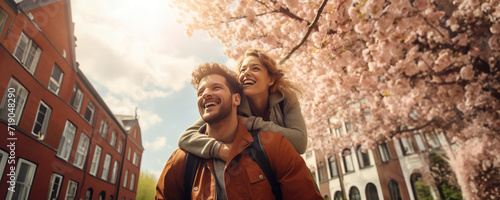 A happy couple enjoying a spring day under a cherry blossom tree, Fictional Character Created By Generative AI.  photo