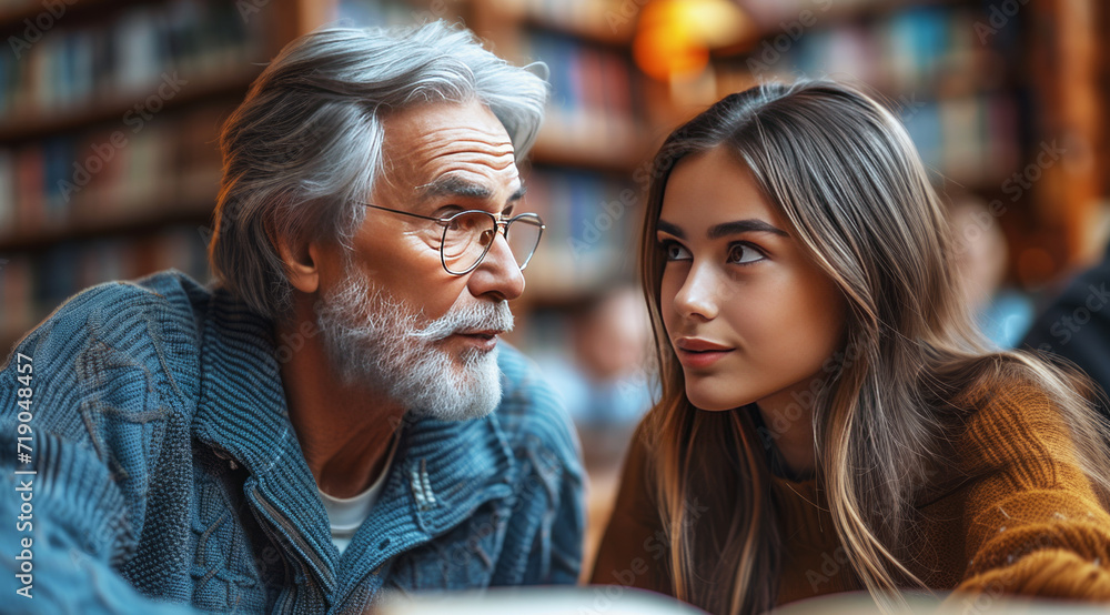Old man and young woman in a deep discussion, surrounded by library books, AI generated Old man and young woman in a deep discussion, surrounded by library books, AI generated