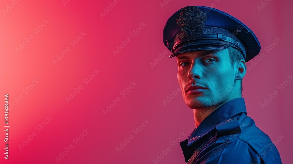 minimalist vivid advertisment background with handsome police man and copy space minimalist vivid advertisment background with handsome police man and copy space
