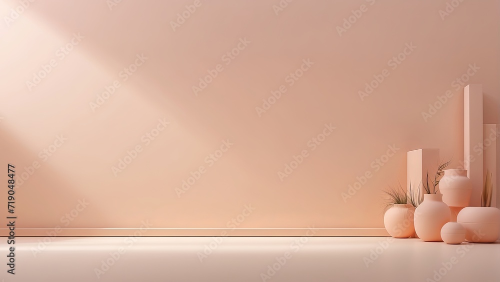 Fototapeta premium Modern Minimalist Interior with Neutral Tones, Abstract Geometric Shapes, Decorative Vases with Plants Illuminated by Soft Natural Light