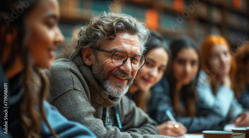 Professor enjoying a light-hearted moment with students in a library study session, AI generated