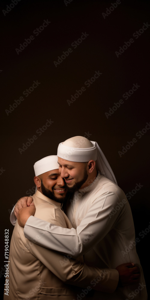 Two Middle Eastern Men Embracing Each Other, Fictional Character Created By Generative AI. Two Middle Eastern Men Embracing Each Other, Fictional Character Created By Generative AI.