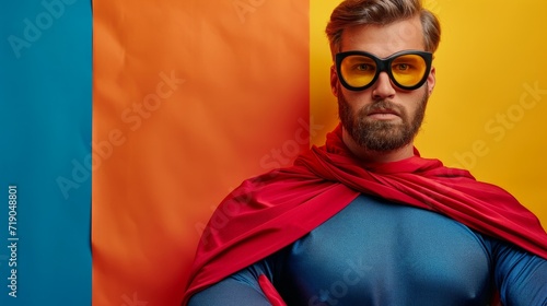 minimalist vivid advertisment background with handsome suprhero and copy space
