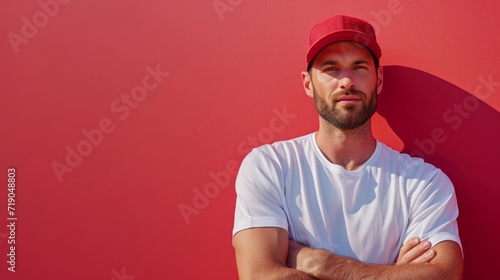 minimalist vivid advertisment background with handsome baseball player and co...
