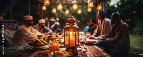 Lavish outdoor gathering with Arabs feasting by lantern light, Fictional Character Created By Generative AI. 
