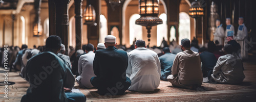 Muslim men in white clothing performing prayers in a mosque, Fictional Character Created By Generative AI. 