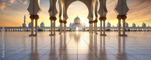 Majestic Mosque with Arabic Arches and Minarets