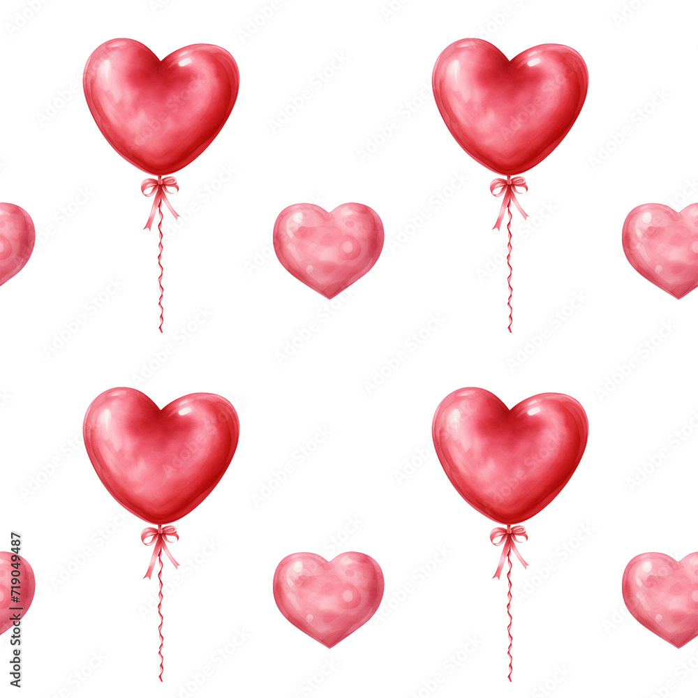 Seamless watercolor pattern for Valentine's Day with heart-shaped balloons and hearts.