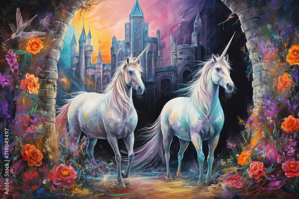 Couple of Unicorns with a floral medieval architecture background. Magic Kingdom colorful landscape. Fantasy backdrop design. Couple of Unicorns with a floral medieval architecture background. Magic Kingdom colorful landscape. Fantasy backdrop design.