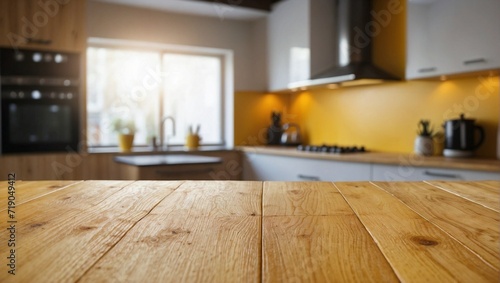 Empty Wooden Table Background Blurred Kitchen, Wooden Table, Yellow Design © varol