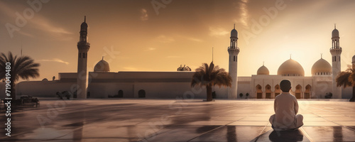 A Young Boy Meditating in Front of a Mosque