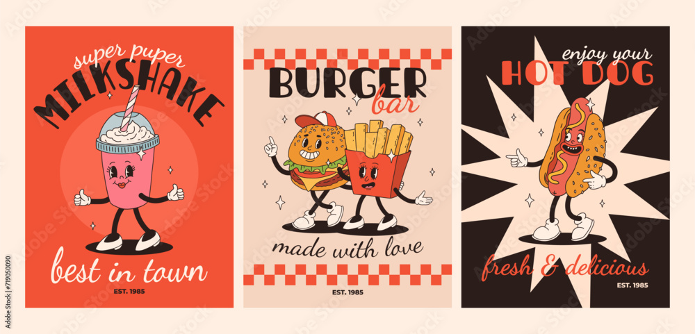 Cartoon fast food poster. Retro groovy cards with mascot food characters. Brochure design with quote text for cafe. Banner with funky groovy burger, french fries, soda, ice cream. Fast food delivery