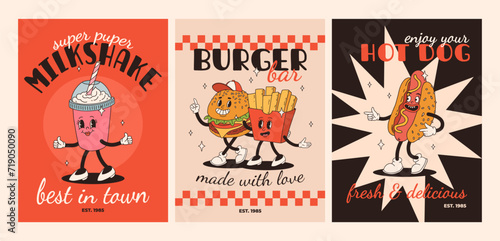 Cartoon fast food poster. Retro groovy cards with mascot food characters. Brochure design with quote text for cafe. Banner with funky groovy burger, french fries, soda, ice cream. Fast food delivery © tanyabosyk