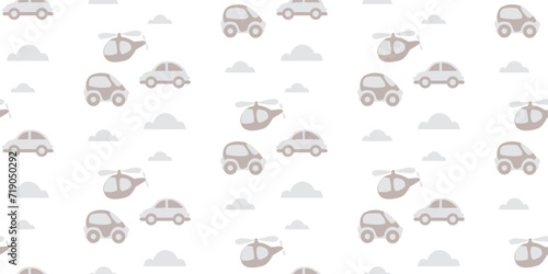 Seamless children's vector pattern in pastel colors for printing on fabric and paper. Stylized helicopters and cars on a white background