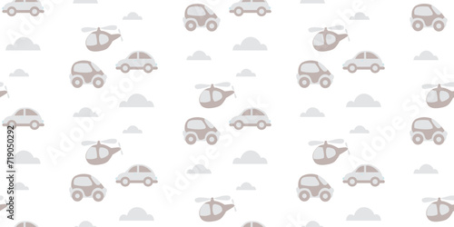 Seamless children s vector pattern in pastel colors for printing on fabric and paper. Stylized helicopters and cars on a white background