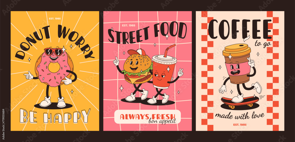 Cartoon fast food poster. Retro groovy cards with mascot food characters. Brochure design with quote text for cafe. Banner with funky groovy burger, french fries, soda, ice cream. Fast food delivery