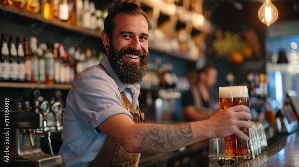 Happy bearded male barista serves beer to guests at the bar counter.