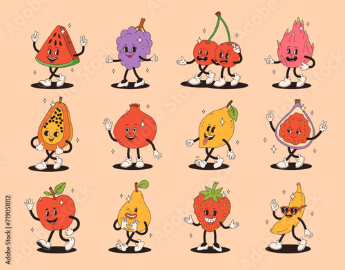 Retro groovy fruit characters. Funky cartoon mascot of watermelon grape cherry dragon fruit papaya pomegranate lemon fig apple pear strawberry banana with happy smile face.