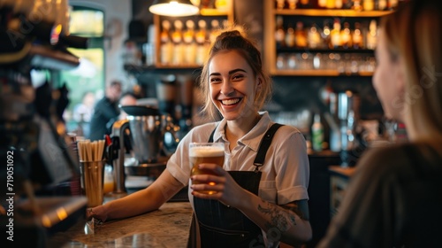 Happy female barista serves beer to guests at the bar counter. photo