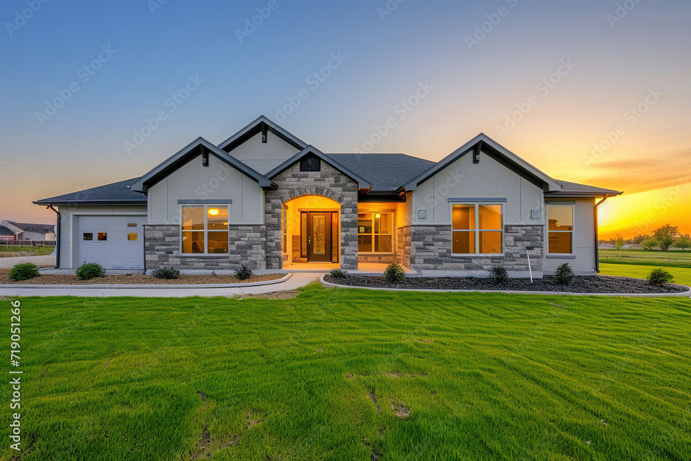 The front view of a newly built home is enhanced by a picturesque surrounding of vibrant green grass and a clear blue sky at sunrise. This appealing exterior beckons potential buyers or renters The front view of a newly built home is enhanced by a picturesque surrounding of vibrant green grass and a clear blue sky at sunrise. This appealing exterior beckons potential buyers or renters